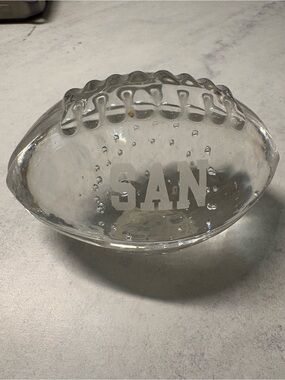 Etched Glass Football Paperweight with 'SAN'